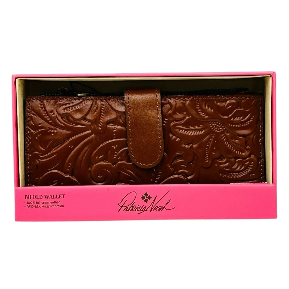 Patricia Nash Nazari Tooled Leather Bifold Wallet Florence Tan Brown Print RFID